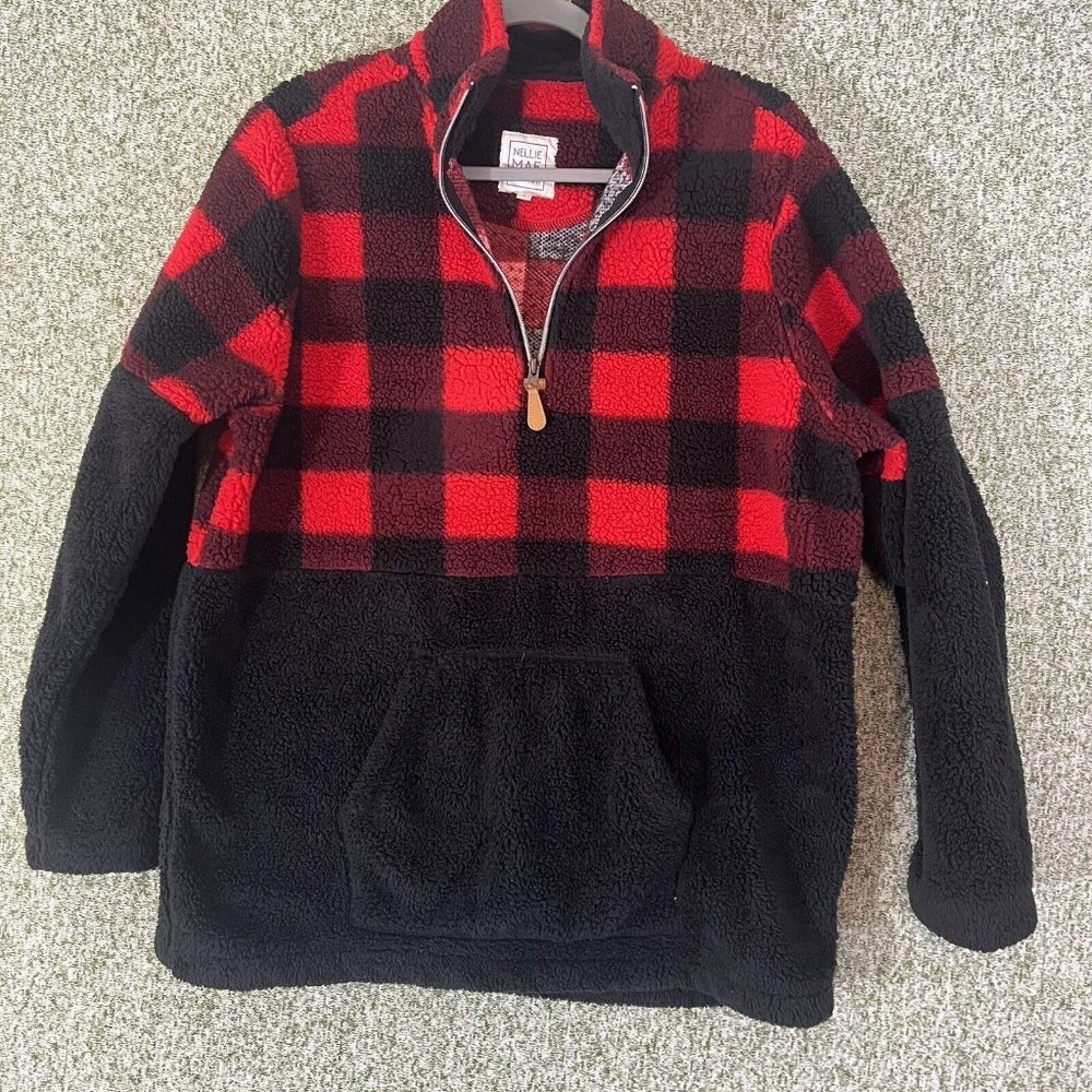 Nellie Mae Tops Women Large Red Black Buffalo Plaid Contrast Half Zip Fuzzy Cozy